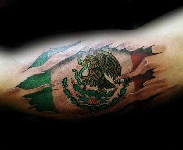 Mexican Eagle Flag Mens Bicep Tattoos With Ripped Skin Design