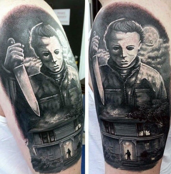 Black and grey Michael Myers tattoo featuring his masked face, knife, and the eerie house scene from Halloween.