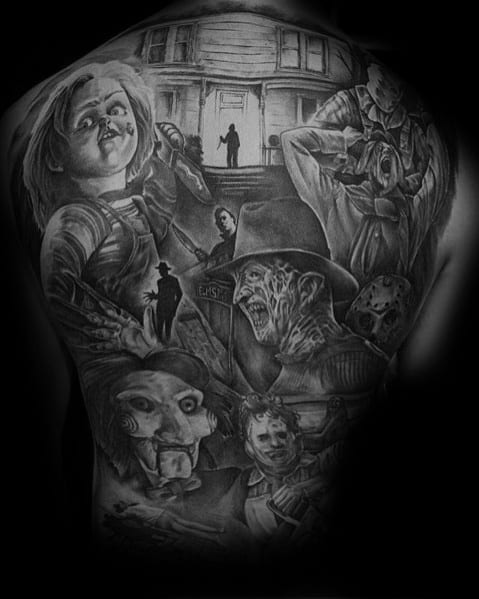 This horror-themed back tattoo features iconic slasher villains like Chucky, Freddy Krueger, Jason Voorhees, and Michael Myers in detailed realism.