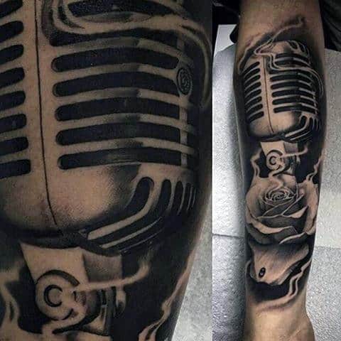 Microphone And Rose Tattoo On Arms For Men