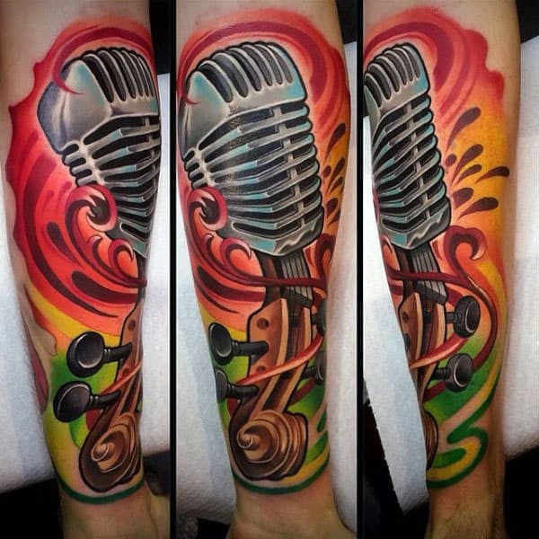 Microphone Tattoo With Bright Colors Guys Forearms