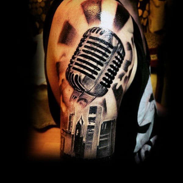 Microphone With Halo And Tatll Buildings Tattoo Guys Arms