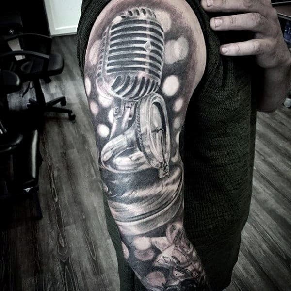 Microphone With Record Player Mens Music Sleeve Tattoos