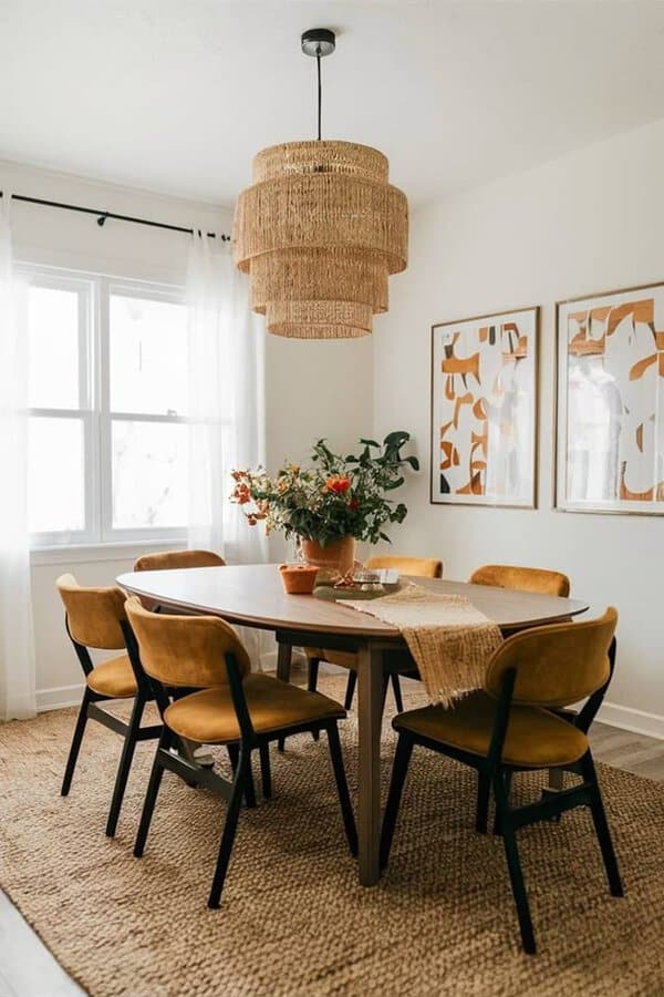 Boho-inspired dining room with a wooden oval table, mustard chairs, and a woven pendant light.