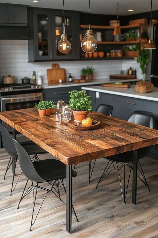 Rustic wood and metal dining table with black chairs in a modern kitchen with pendant lighting.