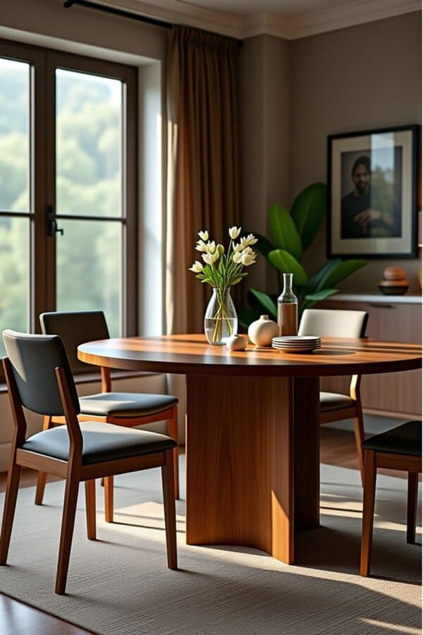 Mid-century modern round pedestal dining table with wooden chairs and a vase of white tulips.