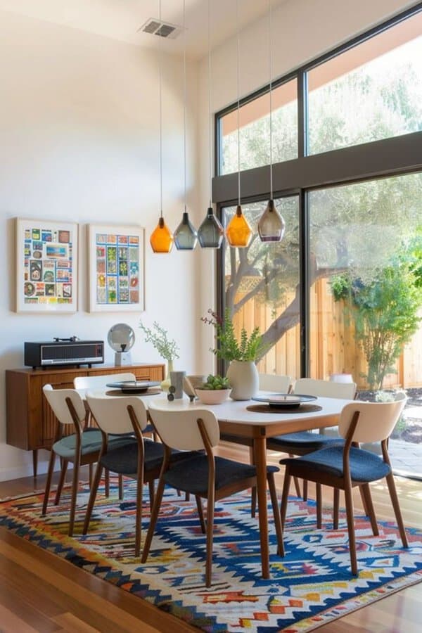 Mid-century modern dining area with a wooden table, colorful rug, and glass pendant lights.