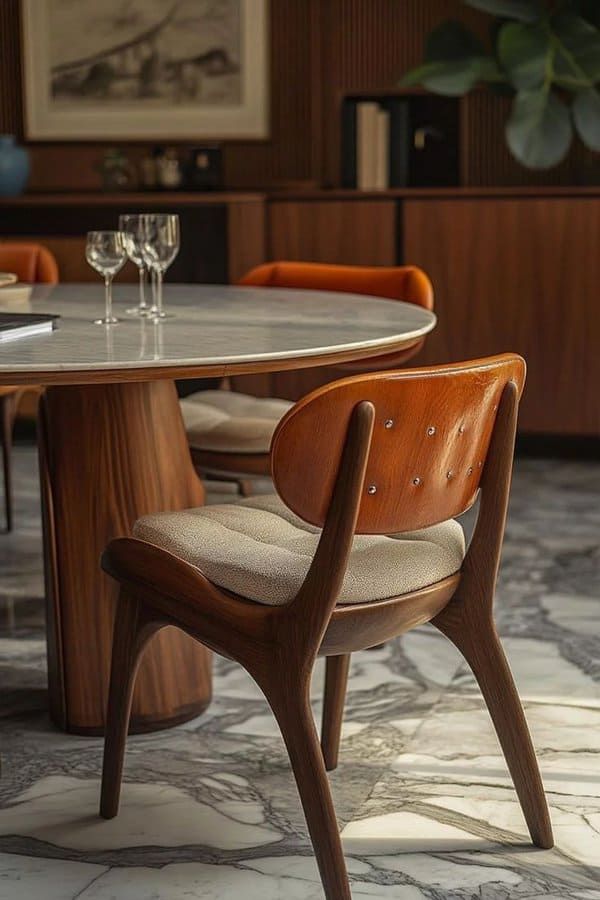 Mid-century modern round dining table with a marble top, wooden base, and sculptural chairs.