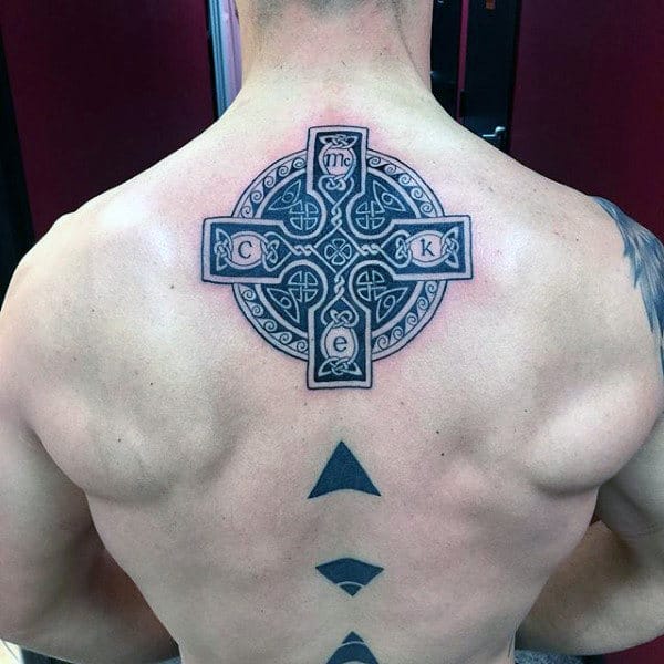 Middle Of Back Detailed Celtic Cross Male Tattoos