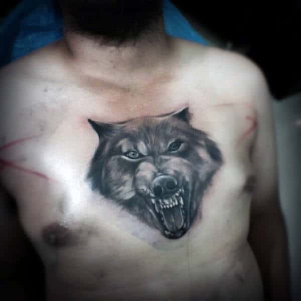 Middle Of Chest Agressive Wolf Growling Middle Of Chest Tattoo On Man