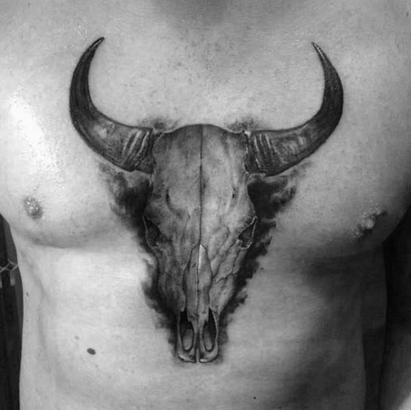 Middle Of Chest Bull Skull Shaded Mens Tattoo Deisgns