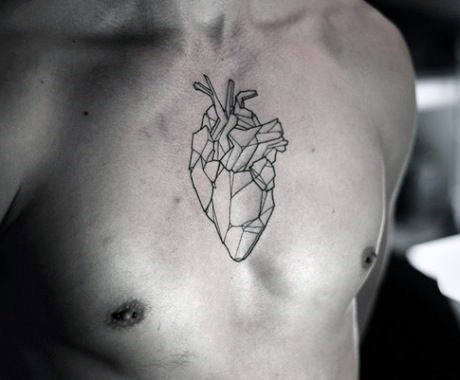 Middle Of Chest Geometric Heart Black Ink Outline Tattoo Ideas For Men