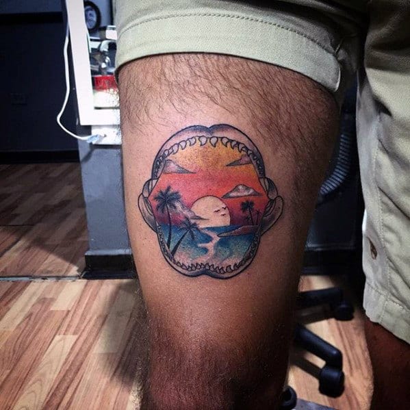 Middle Of Thigh Mens Shark Jaw Ocean Sunset Tattoo Designs