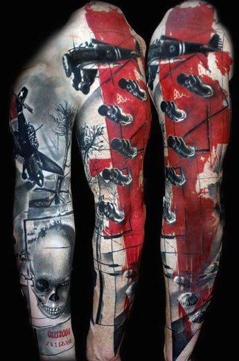Military Bomber Plane Red Ink Full Sleeve Guys Tattoo With Shaded Skull