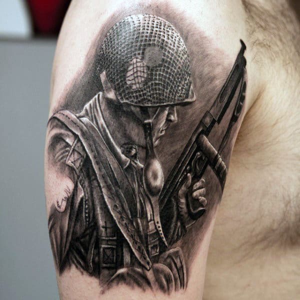 Military Gun And Helmet Tattoos For Men