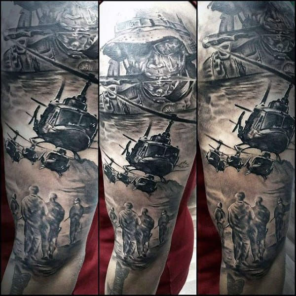 Military Helicopter Soliders Modern Guys Sleev Tattoo