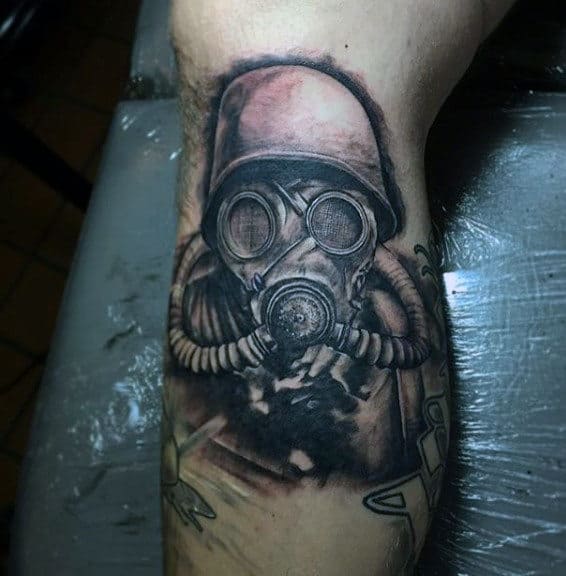 Military Mens Leg Calf Gas Mask Tattoos