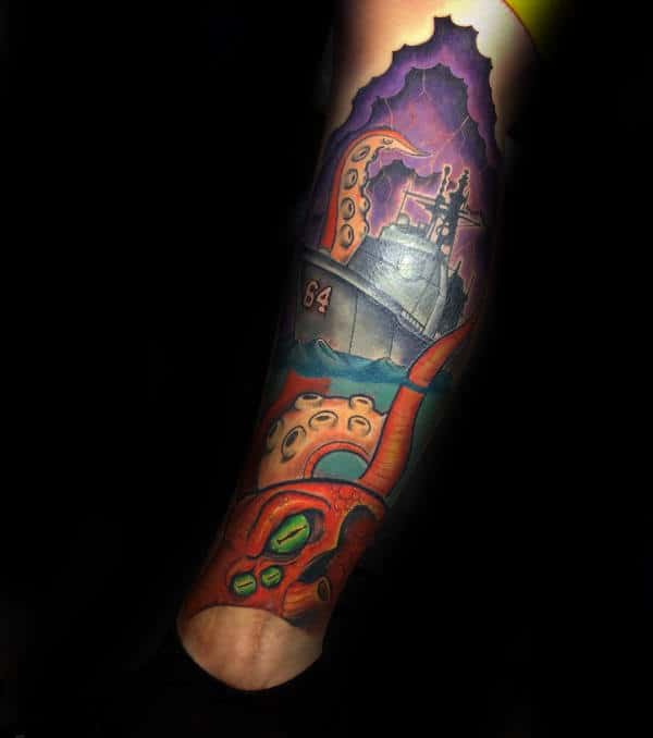 Military Navy Ship And Kraken Guys Leg Sleeve Tattoo Design Ideas