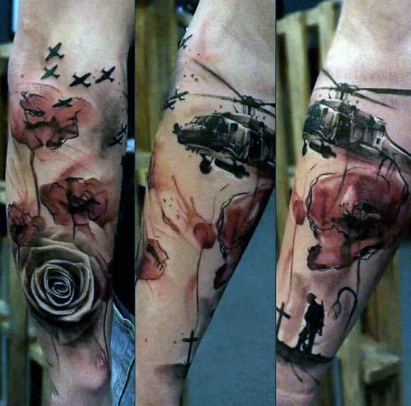 Military Poppy Rose Tattoo For Men On Lower Forearm
