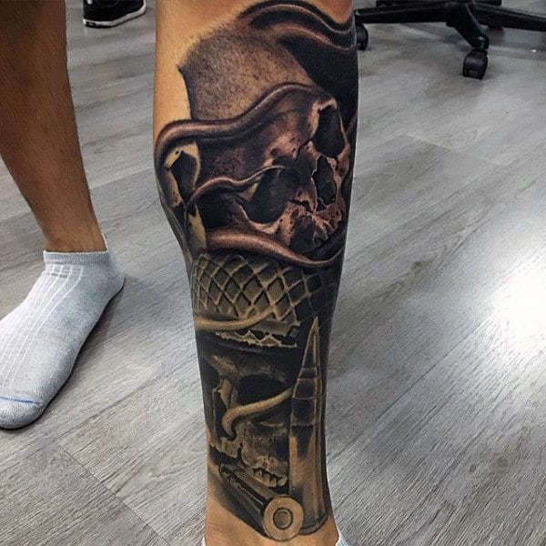 Military Skulls With Battle Helmets Crazy Guys Leg Sleeve Tattoos