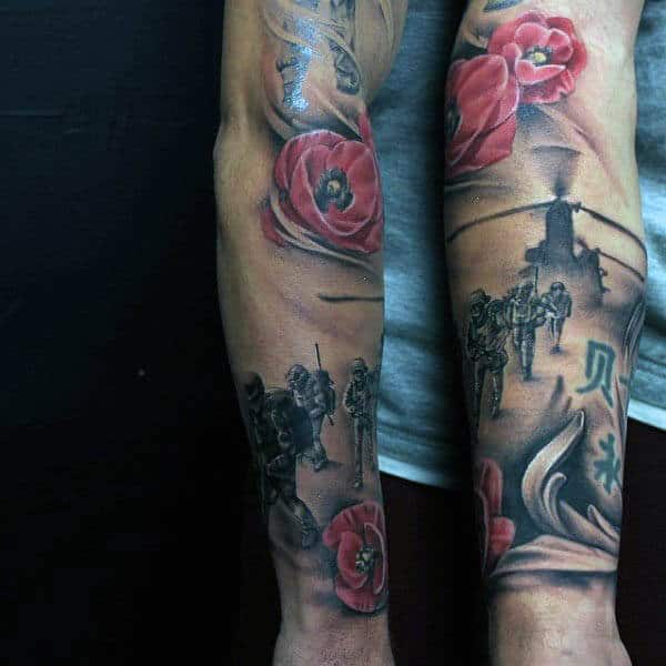 Military Soliders And Helicopter Arm Sleeve Tattoos For Males