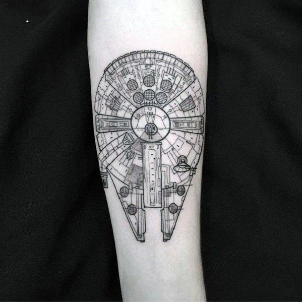 Fineline Millennium Falcon tattoo with precise detailing and symmetrical layout, placed vertically on the inner forearm.