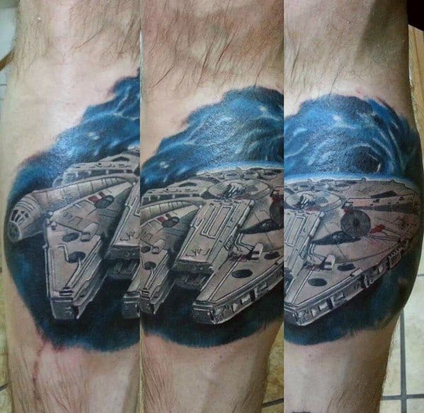 Realistic Millennium Falcon tattoo flying through deep space, surrounded by vivid blue swirls and galactic clouds for a dynamic effect.