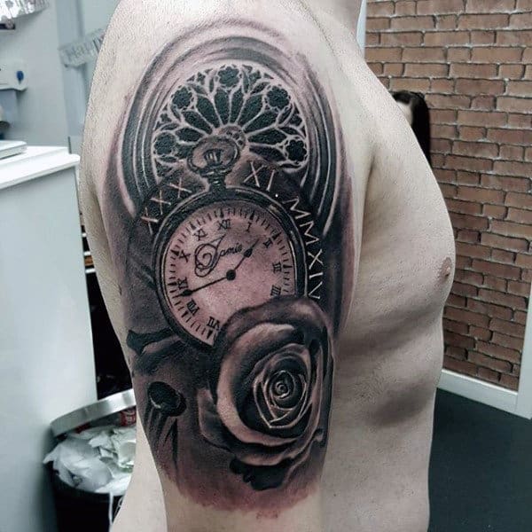 Mind Blowing Pocket Watch Design Tattoo Mens Upper Arms