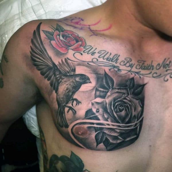 Mind Blowing Sparrow And Quote Tattoo Guys Chest