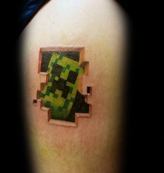 Minecraft Creeper tattoo with a 3D effect, designed to look like it's breaking through the skin with sharp pixel edges and green shading.