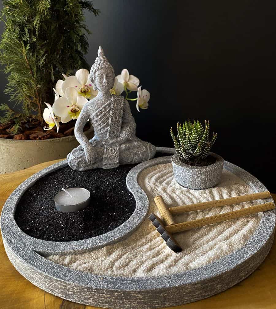 mini-zen garden with sand rack candle succulent 