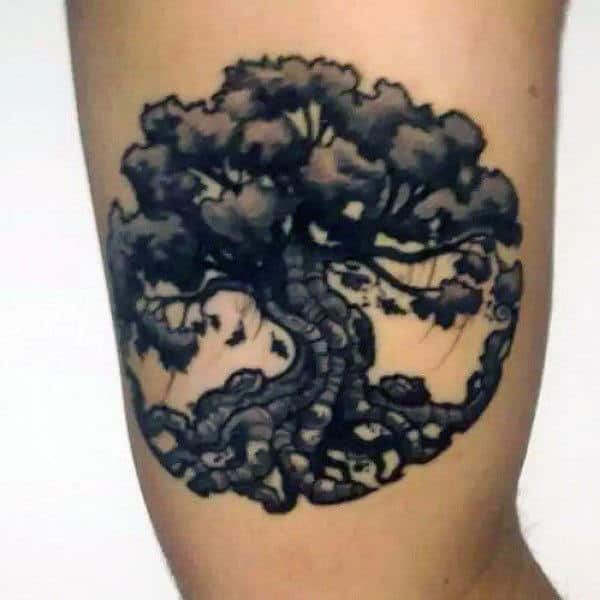 Miniature Circular Oak Tree Tattoos For Guys On Thighs