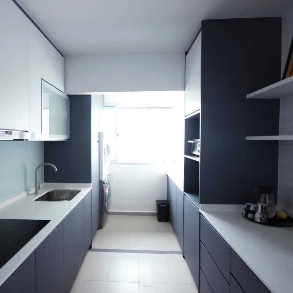 minimalist galley kitchen black cupboards and cabinets white tile floor