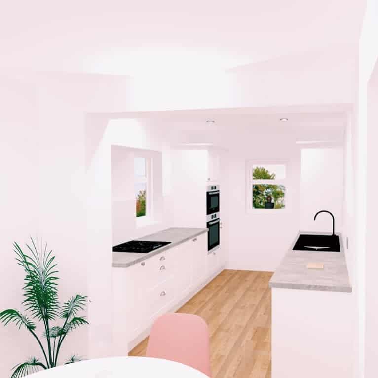 minimalist pink galley kitchen gray countertop