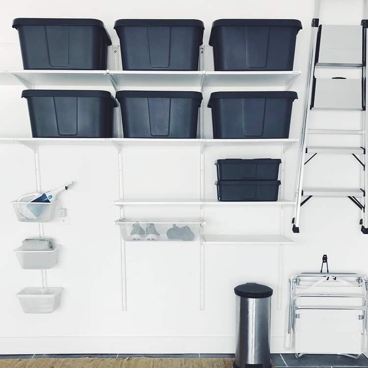 minimalist garage shelf ideas black bins ladder