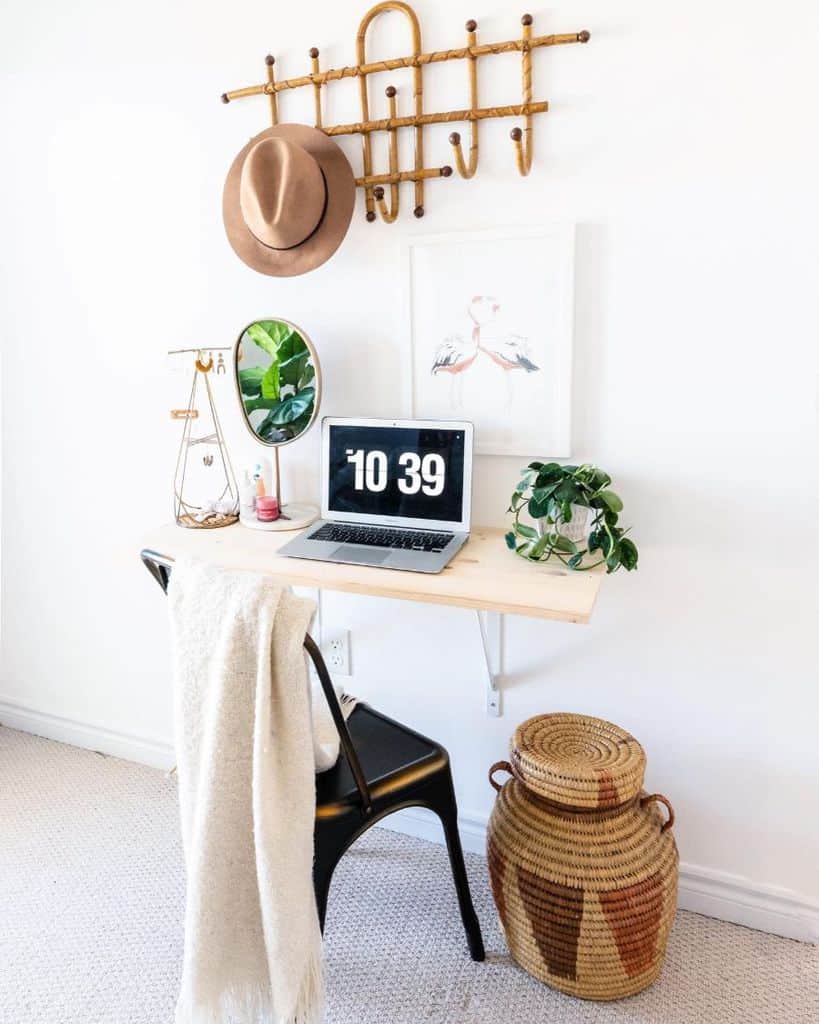 minimalist home office wall mounted desk idea wicker basket wood hat and coat rack