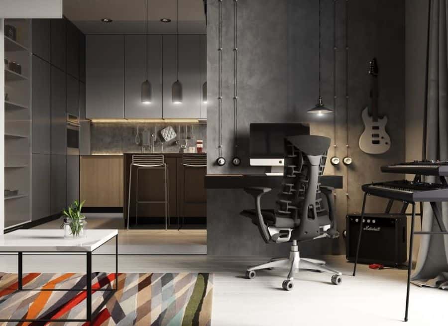 minimalist industrial home small office wall desk guitar keyboard pendant lights