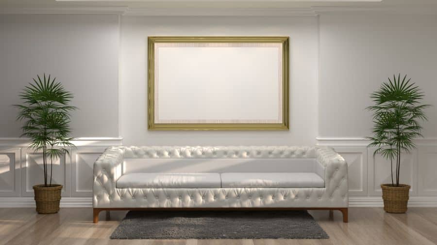 long white leather sofa in minimalist mid-century modern living room 
