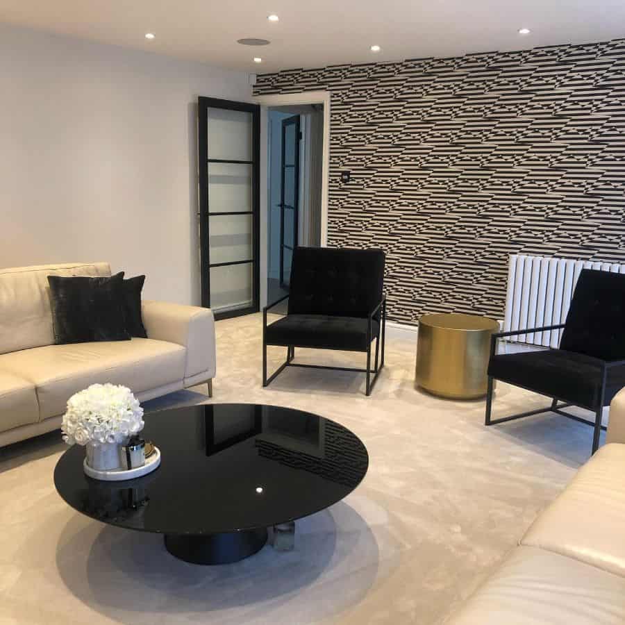 minimalist mid-century modern living room with pattern accent wall