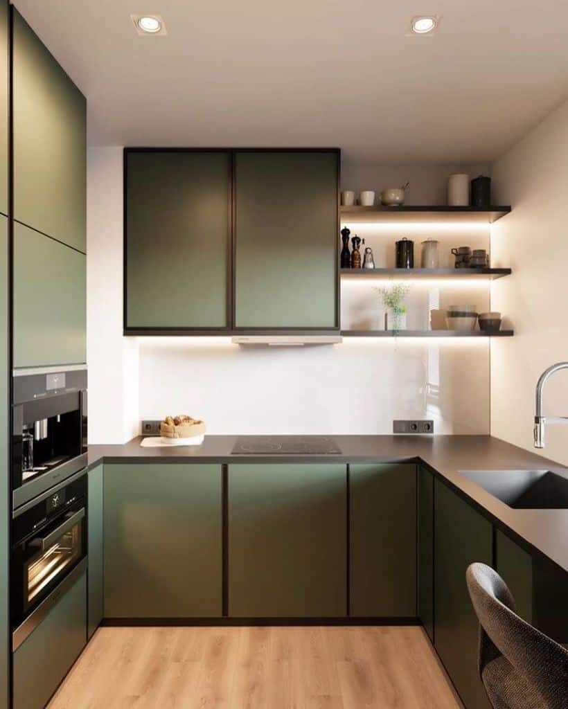 small minimalist green kitchenette
