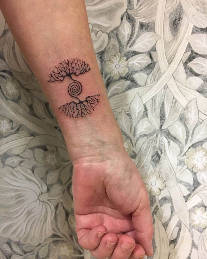 Delicate Yggdrasil wrist tattoo with a spiral center, symbolizing the tree of life, balance, and the cycle of existence.