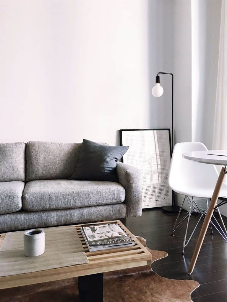 small modern living room with gray sofa