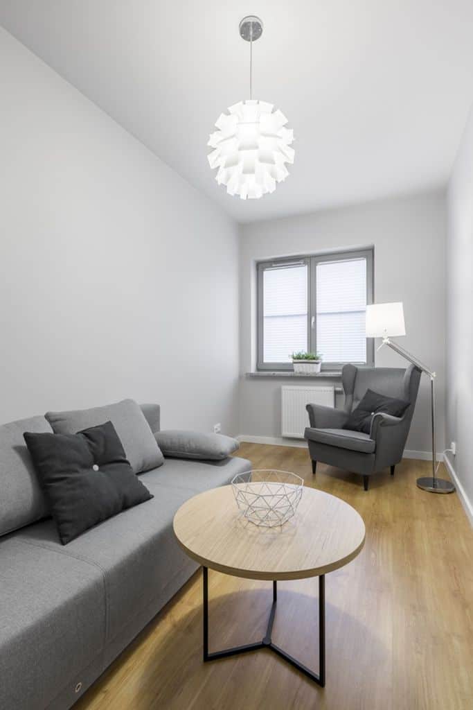 small minimalist living room with gray sofas and abstract ceiling light