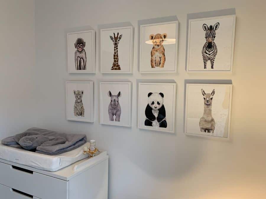 framed animal wall drawings in kids room 