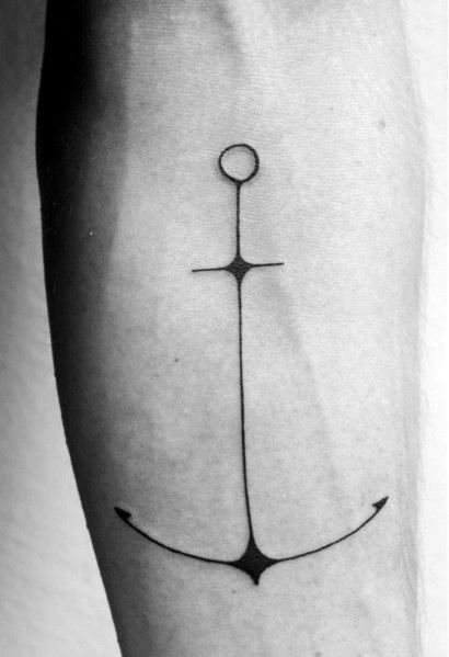 Minimalist anchor tattoo with fine black lines and subtle curves on the forearm, symbolizing stability, simplicity, and a nautical connection.