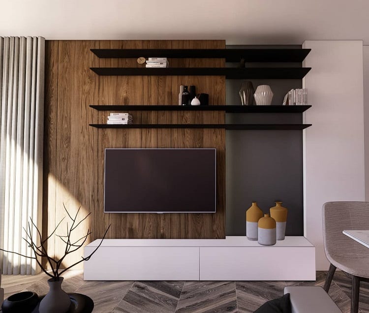 minimalist entertainment unit brown wood black wall shelves white cabinet
