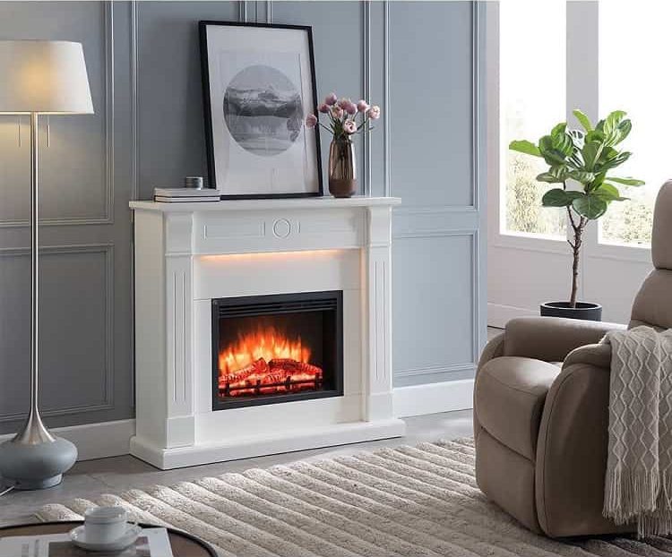 minimalist white electric fireplace surround gray walls