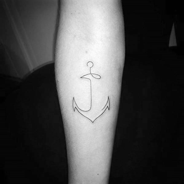 Minimalist anchor tattoo with fine black lines on the forearm, featuring a simple and elegant design symbolizing stability and grounding.