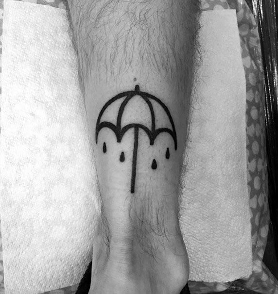 Minimalistic Black Ink Outline Back Of Leg Guys Umbrella With Rain Drops Tattoo