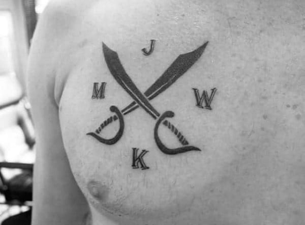 Chest tattoo of crossed swords with letters J, M, W, K around it